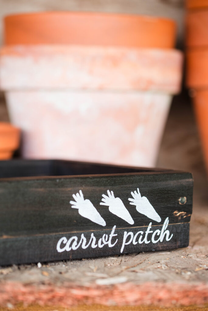 Wooden seed starting boxes resting on a potting bench.