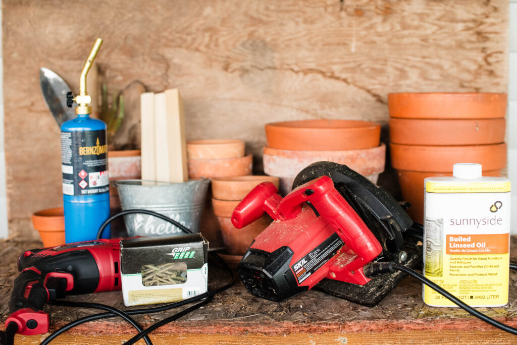 Tools and materials needed for wooden seed starting boxes.