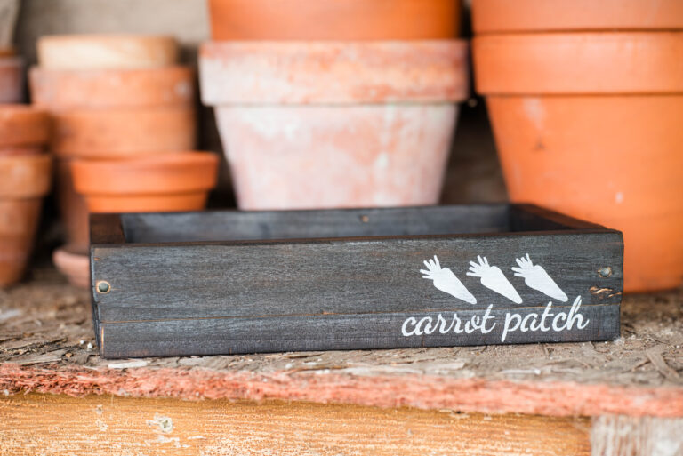 Wooden seed starting boxes resting on a potting bench.
