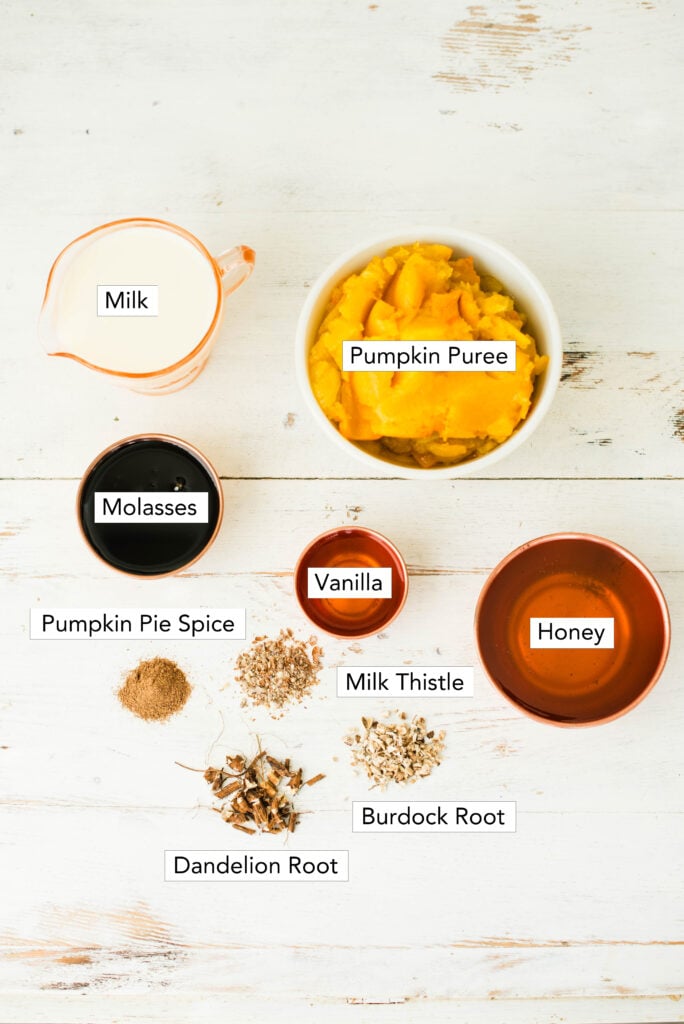 Ingredients pictured for a cup of herbal pumpkin spice latte.